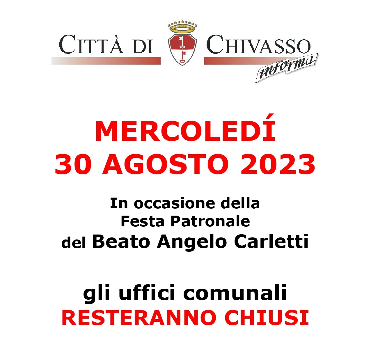 30 agosto: uffici comunali chiusi nel giorno della Festa Patronale